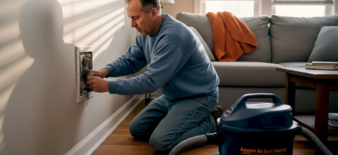 Homeowner preparing vent cleaning in living room