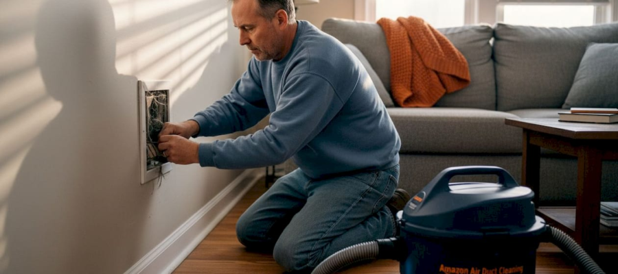 Homeowner preparing vent cleaning in living room