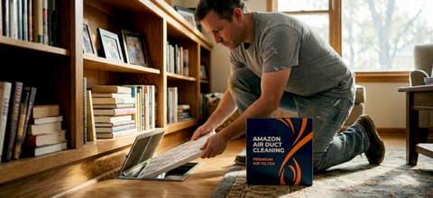 Homeowner replacing air filter near floor vent