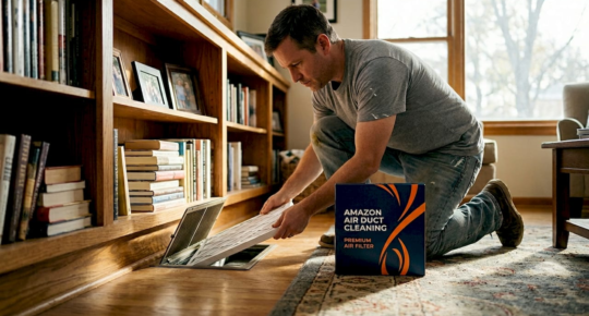 Homeowner replacing air filter near floor vent