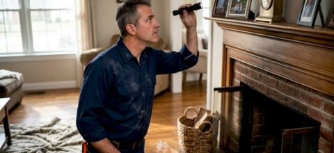 Chimney sweep inspecting flue in home