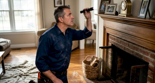 Chimney sweep inspecting flue in home