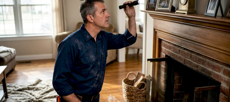 Chimney sweep inspecting flue in home