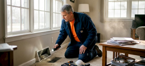 Homeowner inspecting residential air duct vent