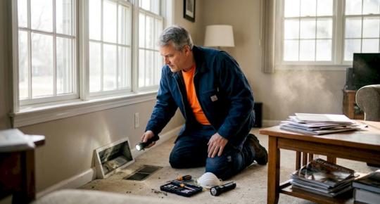 Homeowner inspecting residential air duct vent