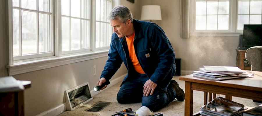 Homeowner inspecting residential air duct vent