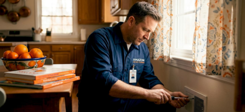 Technician inspecting wall vent in family living room