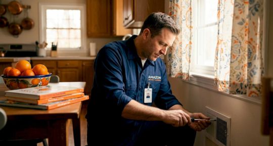 Technician inspecting wall vent in family living room