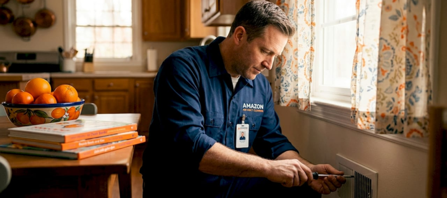 Technician inspecting wall vent in family living room