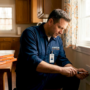 Technician inspecting wall vent in family living room