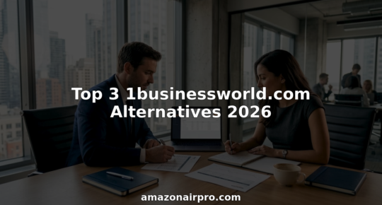 Two professionals discuss documents at a wooden conference table in a glass-walled office with a city skyline; article about Top 3 businessworld.com alternatives 2026 (amazonairpro.com).