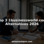 Two professionals discuss documents at a wooden conference table in a glass-walled office with a city skyline; article about Top 3 businessworld.com alternatives 2026 (amazonairpro.com).