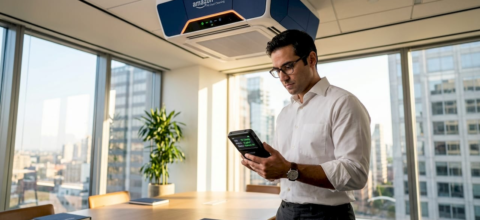 Office manager checking air purifier monitor