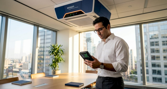 Office manager checking air purifier monitor