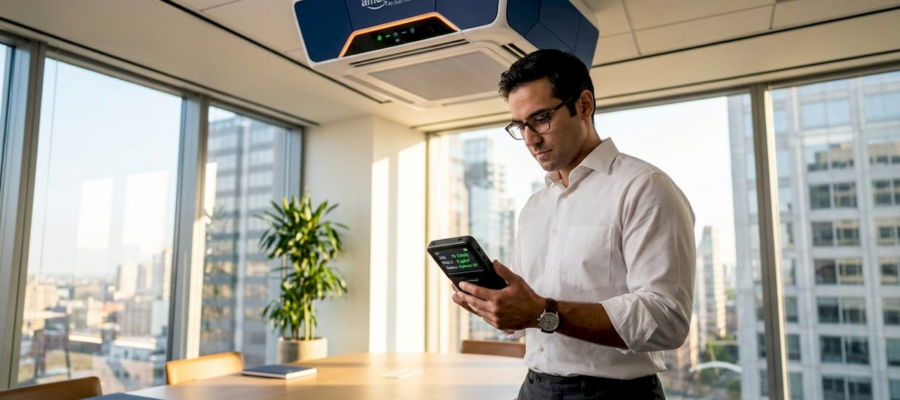 Office manager checking air purifier monitor