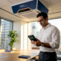 Office manager checking air purifier monitor