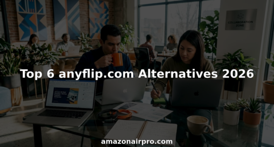 Hero image for an article about Anyflip alternatives: two people working on laptops at a modern coworking space with plants, overlaid by the title 'Top 6 anyflip.com Alternatives 2026'.