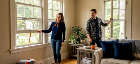 Couple airing out family living room