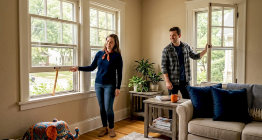 Couple airing out family living room