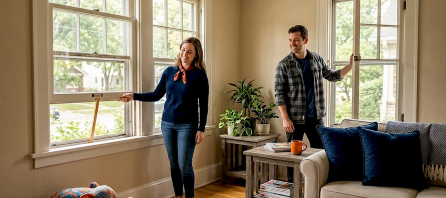 Couple airing out family living room