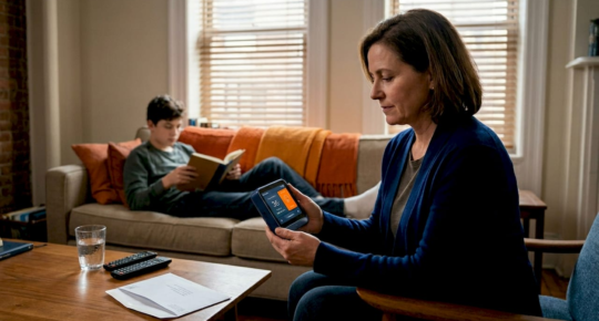 Mother checks home air monitor in living room