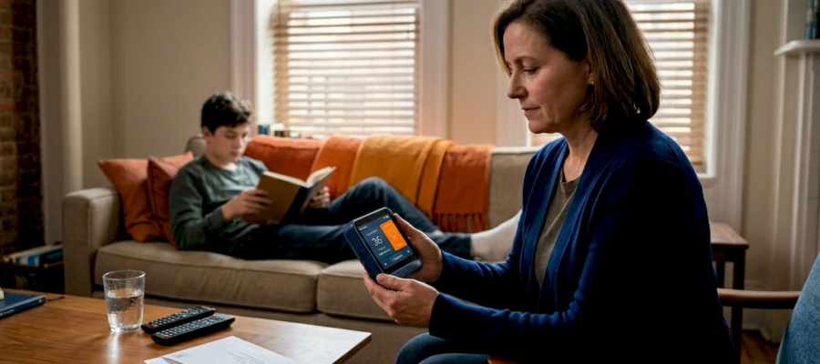 Mother checks home air monitor in living room