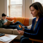 Mother checks home air monitor in living room