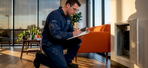 Technician inspecting commercial office air vent