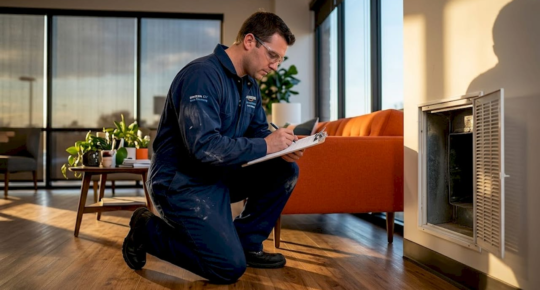 Technician inspecting commercial office air vent