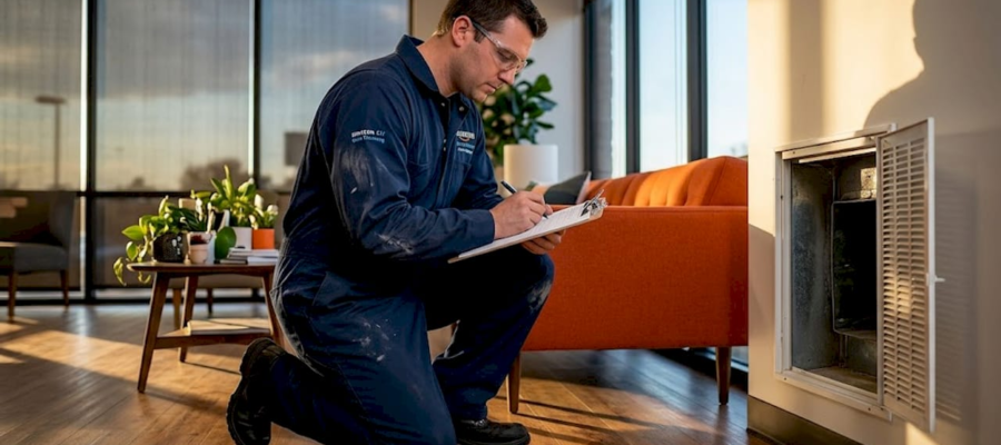 Technician inspecting commercial office air vent
