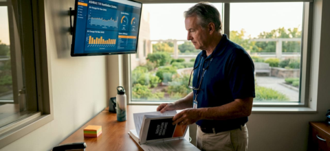 Hospital manager reviewing ventilation compliance