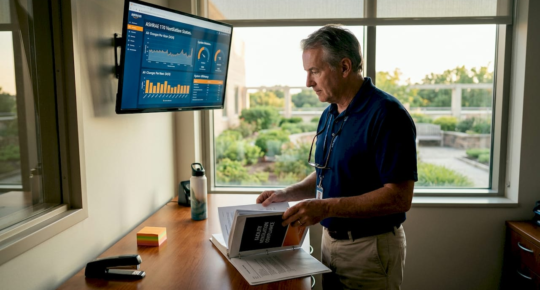 Hospital manager reviewing ventilation compliance