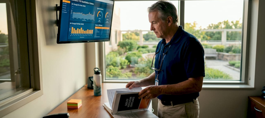 Hospital manager reviewing ventilation compliance