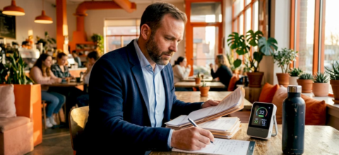 Worker at desk with air quality monitor inside office