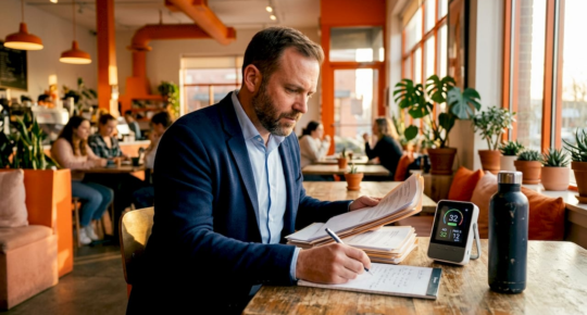 Worker at desk with air quality monitor inside office