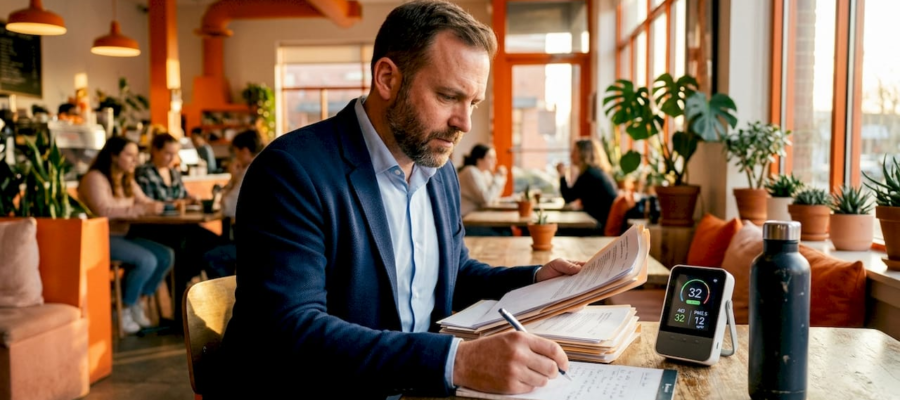 Worker at desk with air quality monitor inside office