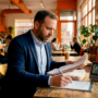 Worker at desk with air quality monitor inside office