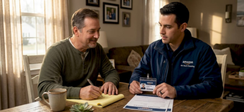 Homeowner and contractor reviewing credentials