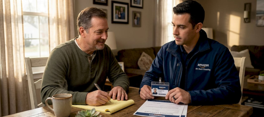 Homeowner and contractor reviewing credentials