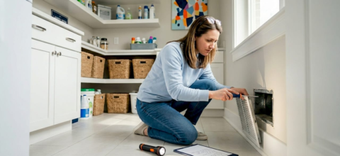 Homeowner inspecting air vent in hallway