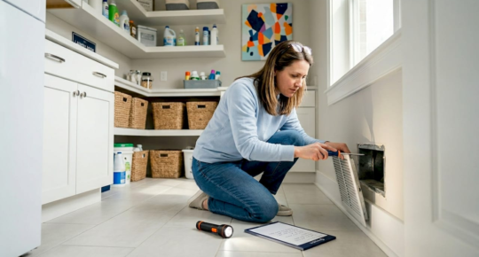 Homeowner inspecting air vent in hallway