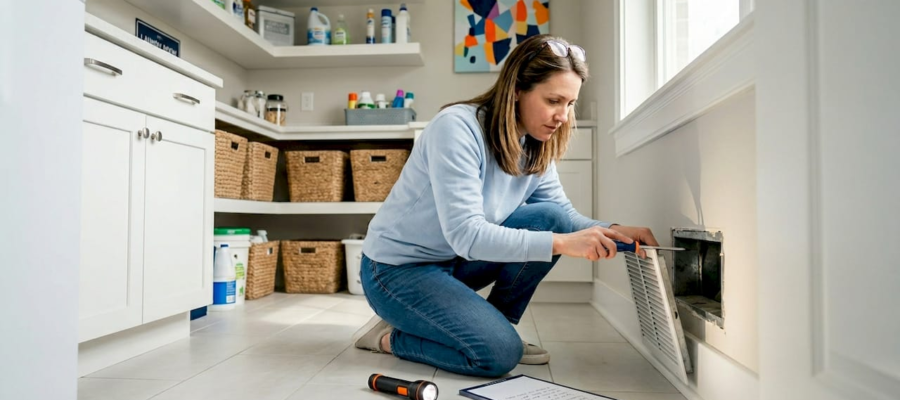 Homeowner inspecting air vent in hallway
