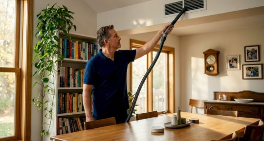 Homeowner vacuuming ceiling vent in living room