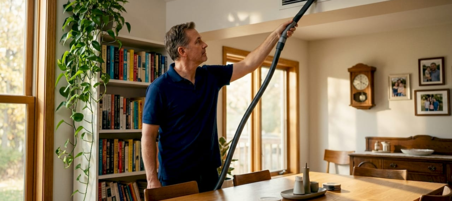 Homeowner vacuuming ceiling vent in living room