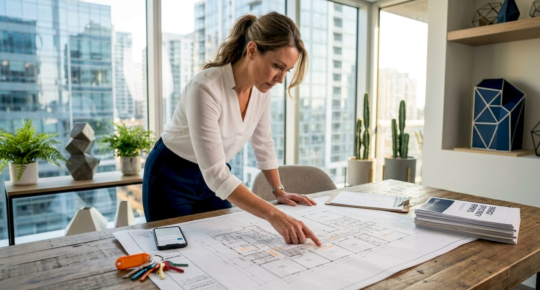 Property manager studies blueprint by HVAC system