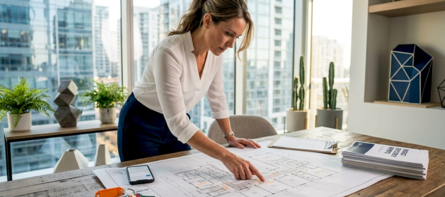 Property manager studies blueprint by HVAC system