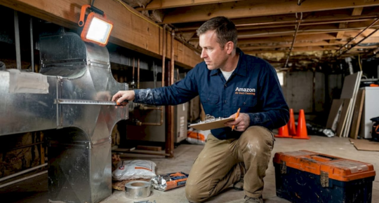 HVAC technician measures basement air duct sizing
