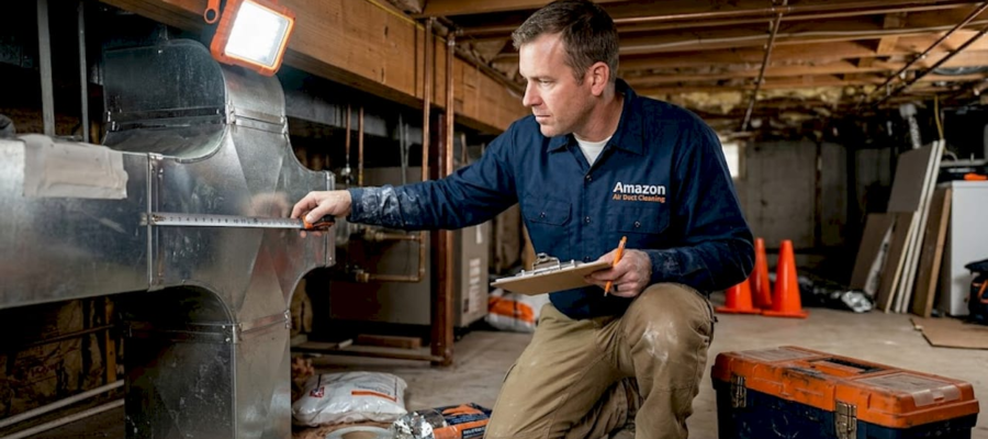 HVAC technician measures basement air duct sizing