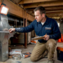 HVAC technician measures basement air duct sizing