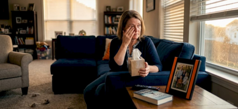 Woman reacts to allergens in living room